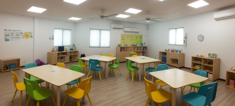 Ambiente de aprendizagem dinâmico com estudantes aplicando estratégias para dificuldades de aprendizagem infantil.