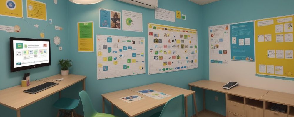 Ambiente escolar com estudantes usando estratégias para dificuldades de aprendizagem