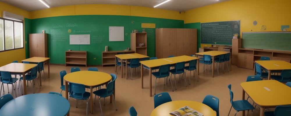 Ambiente escolar com recursos visuais para ajudar alunos com dificuldades de aprendizagem.