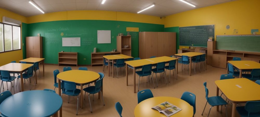 Ambiente escolar com recursos visuais para ajudar alunos com dificuldades de aprendizagem.