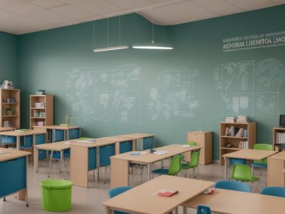 Sala de aula moderna com estratégias visuais para dificuldades de aprendizagem, incluindo gráficos e diagramas.