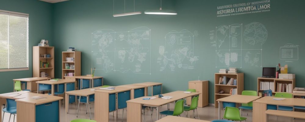 Sala de aula moderna com estratégias visuais para dificuldades de aprendizagem, incluindo gráficos e diagramas.