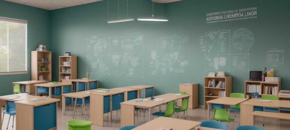 Sala de aula moderna com estratégias visuais para dificuldades de aprendizagem, incluindo gráficos e diagramas.