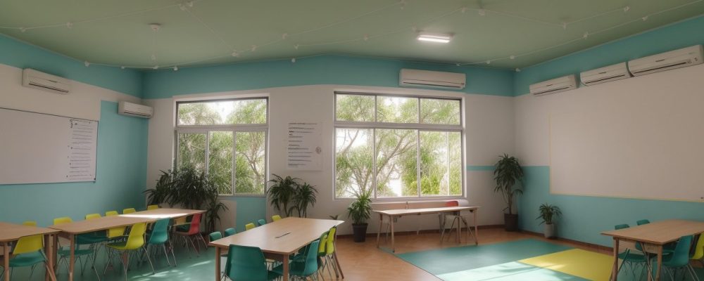 Sala de aula equipada com recursos visuais e dinâmicas colaborativas para dificuldades de aprendizagem