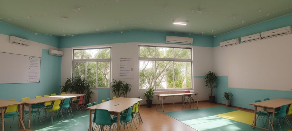 Sala de aula equipada com recursos visuais e dinâmicas colaborativas para dificuldades de aprendizagem