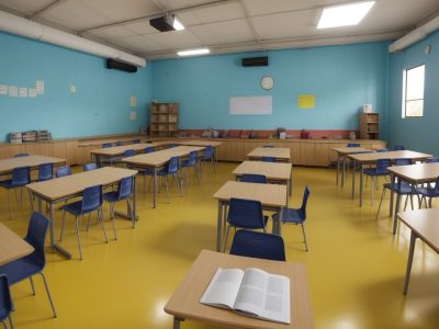Sala de aula moderna com professores interagindo com alunos em situação de conflito, aplicando estratégias para lidar com agressividade infantil.