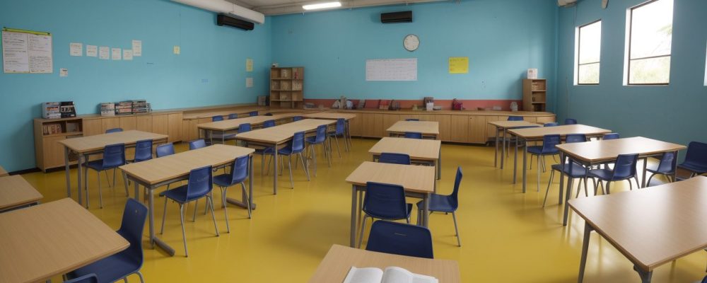 Sala de aula moderna com professores interagindo com alunos em situação de conflito, aplicando estratégias para lidar com agressividade infantil.
