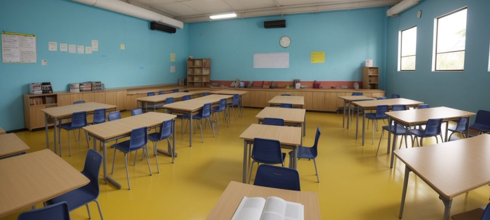 Sala de aula moderna com professores interagindo com alunos em situação de conflito, aplicando estratégias para lidar com agressividade infantil.
