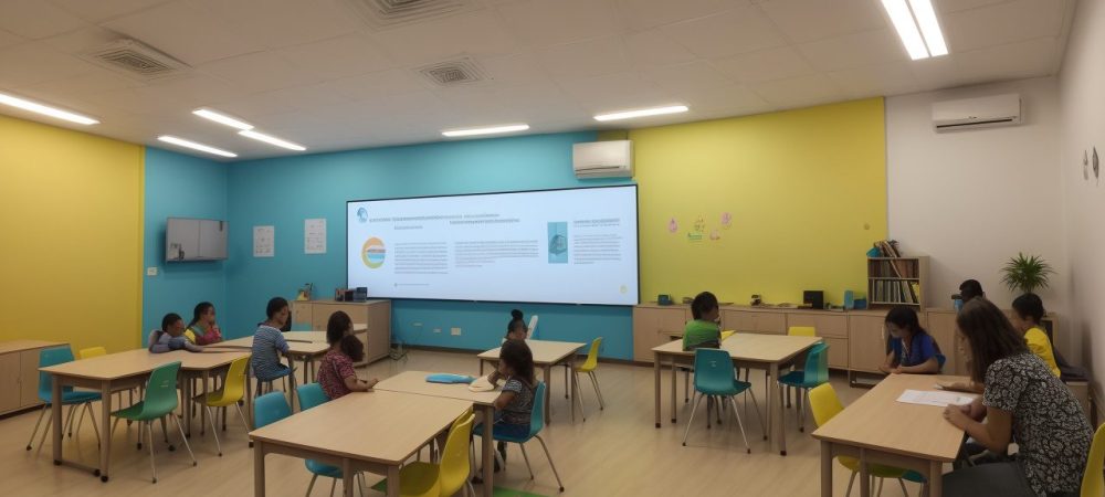 Ambiente educativo inclusivo com materiais didáticos e estudantes interagindo sobre dificuldades de aprendizagem