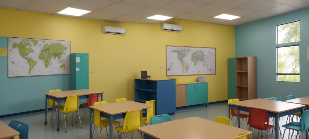 Ambiente de sala de aula com alunos utilizando mapas mentais para superar dificuldades de aprendizagem