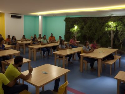 Ambiente escolar com estudantes colaborando em soluções para dificuldades de aprendizagem