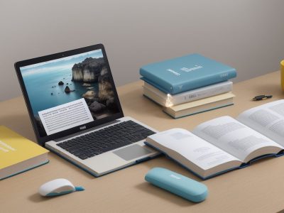 Mesa de estudo organizada com livros e material digital sobre administração pública para concursos