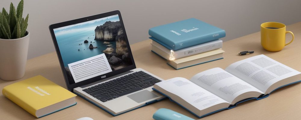 Mesa de estudo organizada com livros e material digital sobre administração pública para concursos