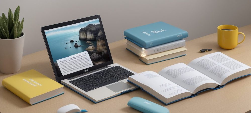 Mesa de estudo organizada com livros e material digital sobre administração pública para concursos