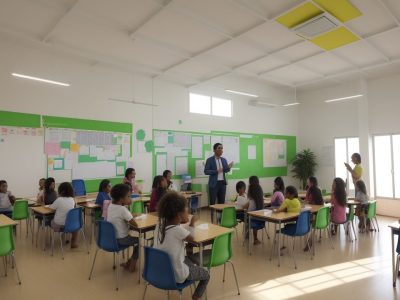 Uma sala de aula inclusiva, com alunos e professores interagindo, demonstrando a aplicação da ética na educação e promovendo valores como respeito e justiça.