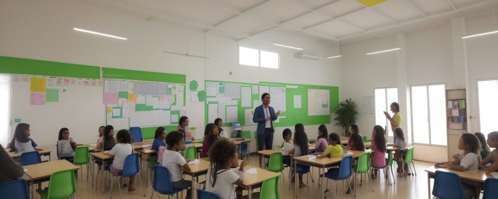 Uma sala de aula inclusiva, com alunos e professores interagindo, demonstrando a aplicação da ética na educação e promovendo valores como respeito e justiça.