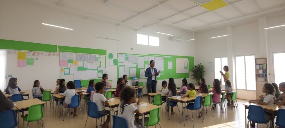 Uma sala de aula inclusiva, com alunos e professores interagindo, demonstrando a aplicação da ética na educação e promovendo valores como respeito e justiça.