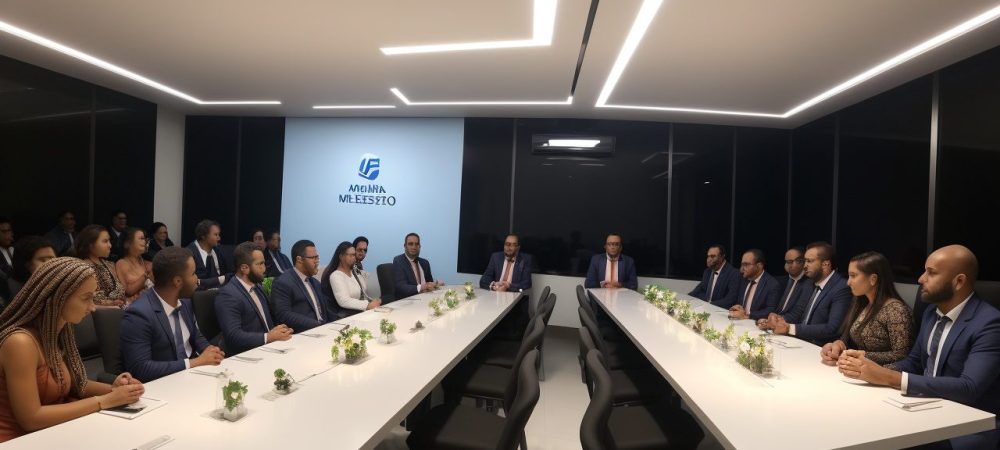 Imagem representando etiqueta empresarial no ambiente de trabalho, com pessoas interagindo em uma reunião, mostrando boas maneiras e comunicação eficaz.