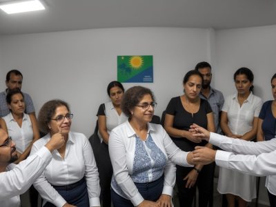 Representação visual de etiqueta social no trabalho, com pessoas interagindo em um ambiente profissional e educacional, demonstrando boas maneiras e profissionalismo.