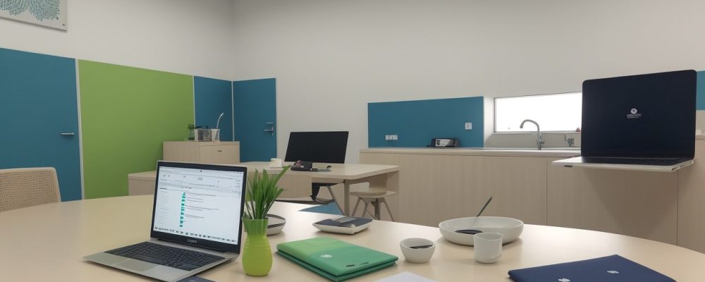 Profissionais de atendimento ao público utilizando técnicas modernas em ambiente colaborativo.