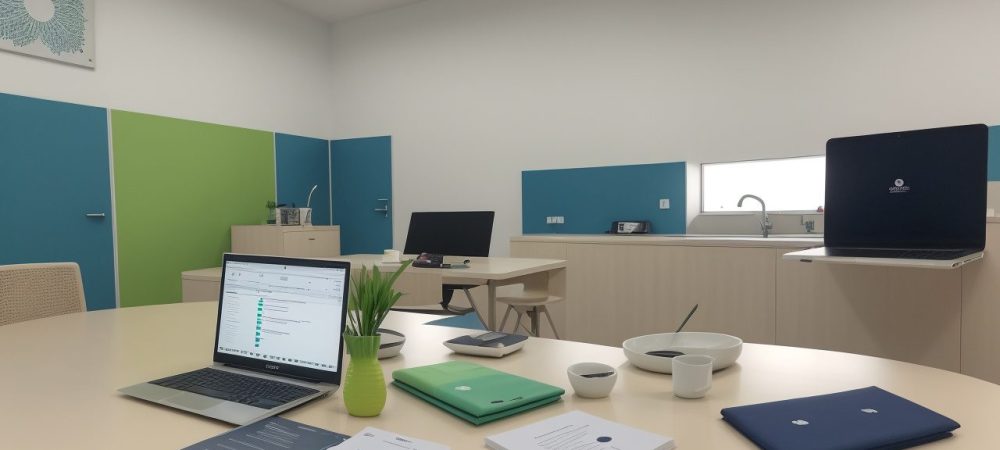 Profissionais de atendimento ao público utilizando técnicas modernas em ambiente colaborativo.