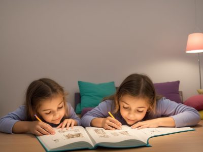 Criança realizando exercícios para dislexia em casa com o apoio de um adulto, demonstrando aprendizado e conexão familiar.