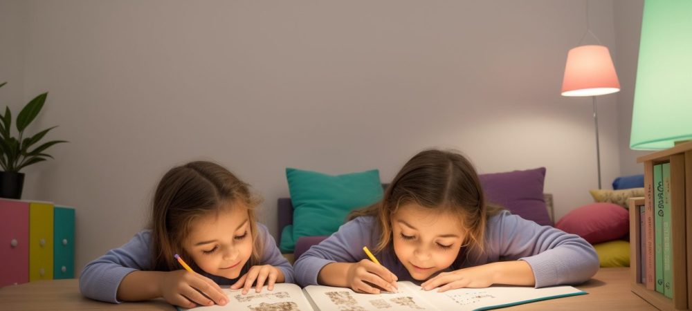 Criança realizando exercícios para dislexia em casa com o apoio de um adulto, demonstrando aprendizado e conexão familiar.