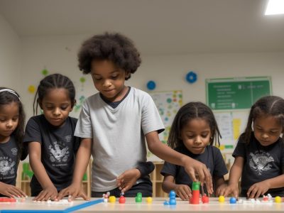 Crianças empolgadas realizando experimentos de ciências em uma sala de aula, promovendo a educação científica e a divulgação científica para crianças.