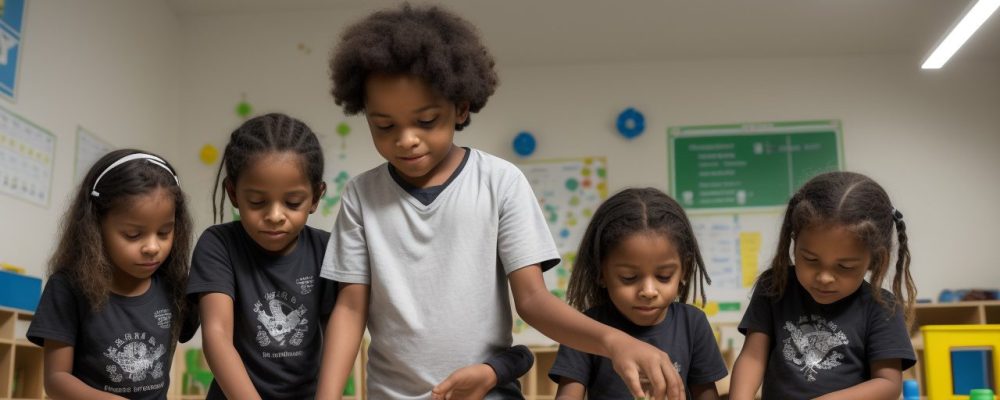 Crianças empolgadas realizando experimentos de ciências em uma sala de aula, promovendo a educação científica e a divulgação científica para crianças.