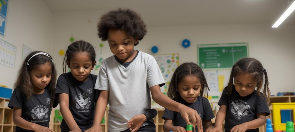 Crianças empolgadas realizando experimentos de ciências em uma sala de aula, promovendo a educação científica e a divulgação científica para crianças.