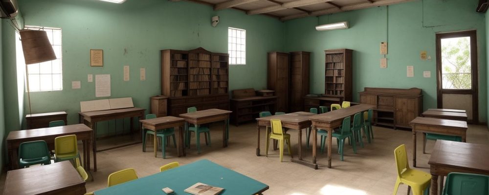 Imagem de sala de aula com alunos e educadores engajados em atividades de história local, explorando fontes históricas e o patrimônio da cidade.