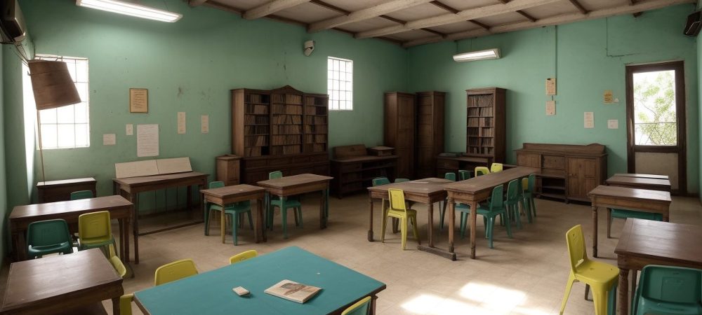 Imagem de sala de aula com alunos e educadores engajados em atividades de história local, explorando fontes históricas e o patrimônio da cidade.