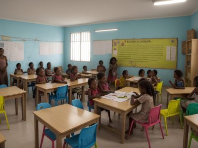 Crianças aprendendo sobre história local em sala de aula, com mapas e elementos visuais, demonstrando atividades e projetos para o ensino fundamental.