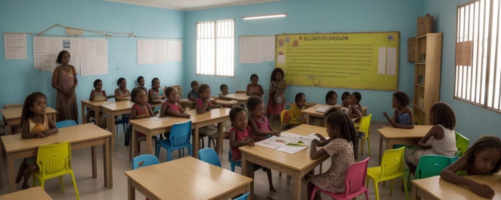 Crianças aprendendo sobre história local em sala de aula, com mapas e elementos visuais, demonstrando atividades e projetos para o ensino fundamental.