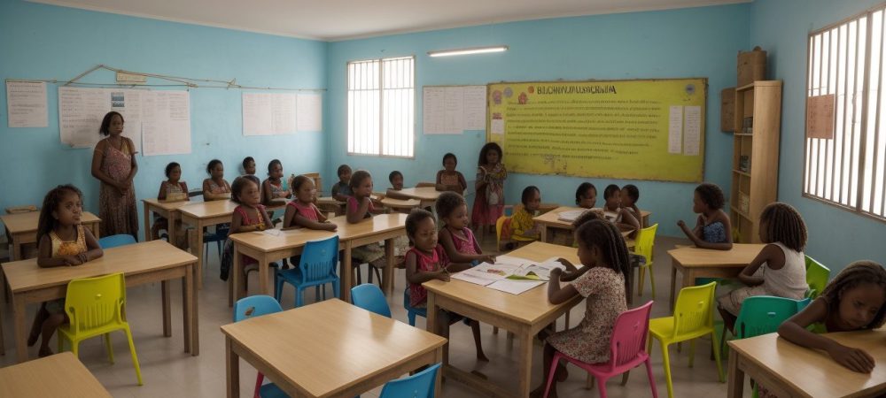 Crianças aprendendo sobre história local em sala de aula, com mapas e elementos visuais, demonstrando atividades e projetos para o ensino fundamental.