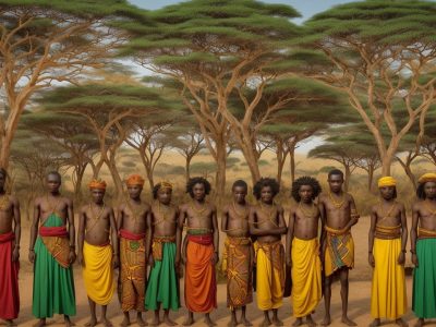 Ilustração vibrante mostrando mapas e símbolos representando a história da África, com foco em civilizações e cultura africana.