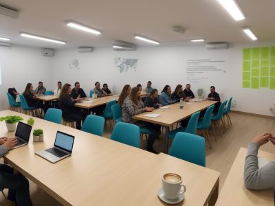 Alunos em um curso online de filosofia contemporânea, discutindo e aplicando conceitos filosóficos em suas vidas.