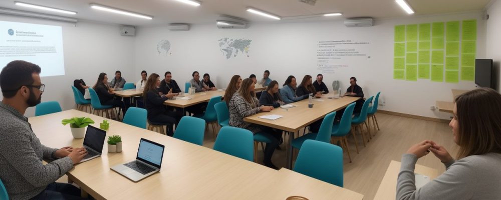 Alunos em um curso online de filosofia contemporânea, discutindo e aplicando conceitos filosóficos em suas vidas.