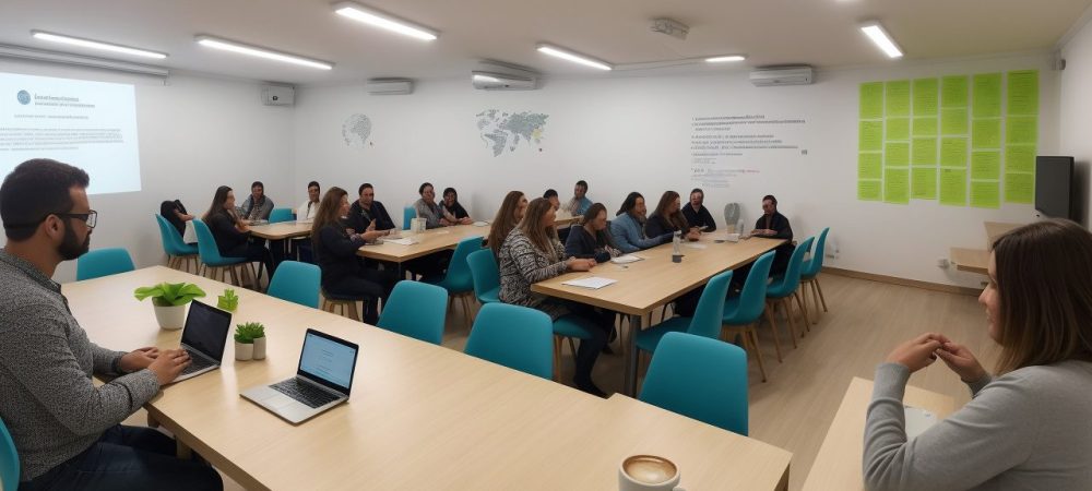 Alunos em um curso online de filosofia contemporânea, discutindo e aplicando conceitos filosóficos em suas vidas.