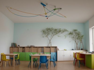 Uma imagem mostrando uma sala de aula com elementos visuais que representam a filosofia da educação e teorias pedagógicas, como livros, quadros e alunos engajados.