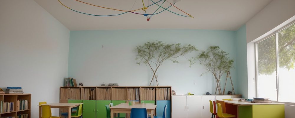 Uma imagem mostrando uma sala de aula com elementos visuais que representam a filosofia da educação e teorias pedagógicas, como livros, quadros e alunos engajados.