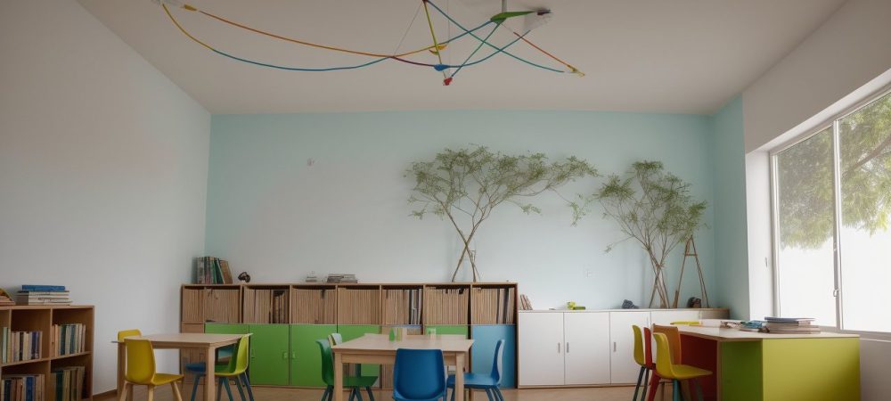 Uma imagem mostrando uma sala de aula com elementos visuais que representam a filosofia da educação e teorias pedagógicas, como livros, quadros e alunos engajados.