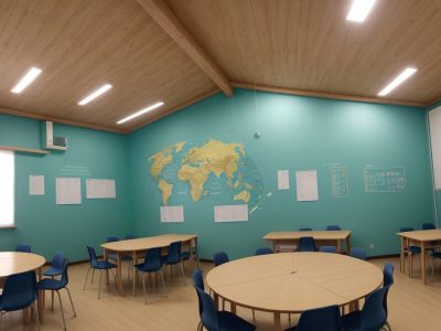 Imagem que representa a filosofia da educação, com estudantes e professores refletindo sobre teorias e práticas pedagógicas