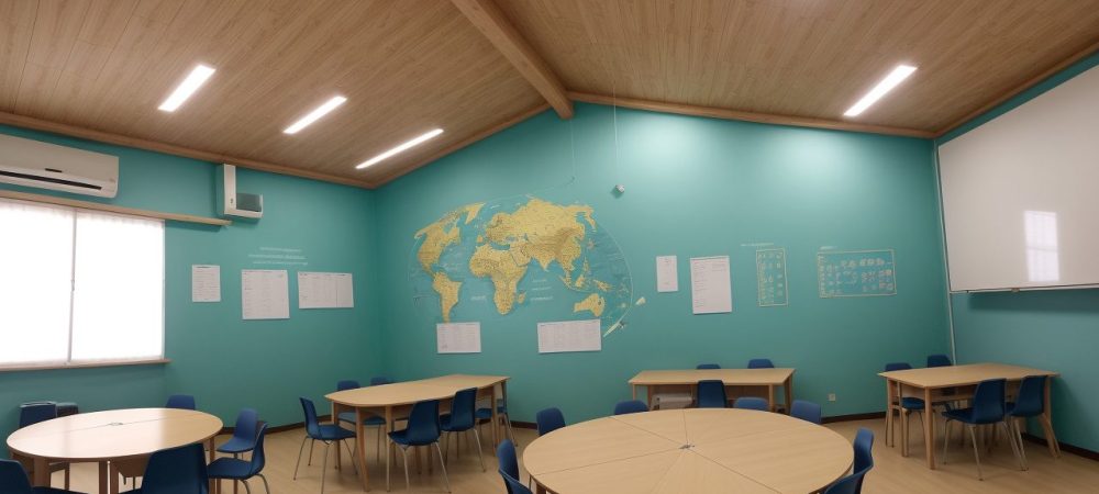 Imagem que representa a filosofia da educação, com estudantes e professores refletindo sobre teorias e práticas pedagógicas