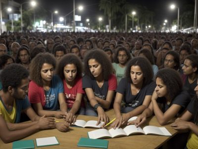 Imagem que ilustra a Filosofia da Libertação em ação, com pessoas engajadas em atividades que promovem justiça social e pensamento crítico, com um fundo que sugere educação e comunidade.