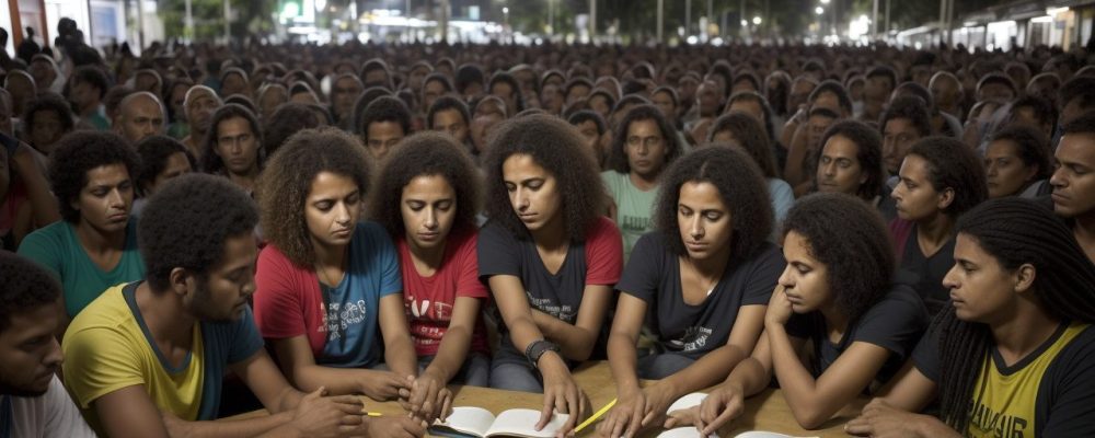 Imagem que ilustra a Filosofia da Libertação em ação, com pessoas engajadas em atividades que promovem justiça social e pensamento crítico, com um fundo que sugere educação e comunidade.