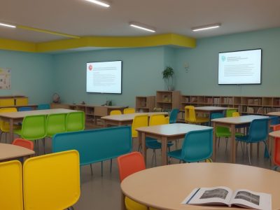 Crianças em sala de aula participando de debate sobre filosofia e ética, com livros e ambiente lúdico para aprendizado