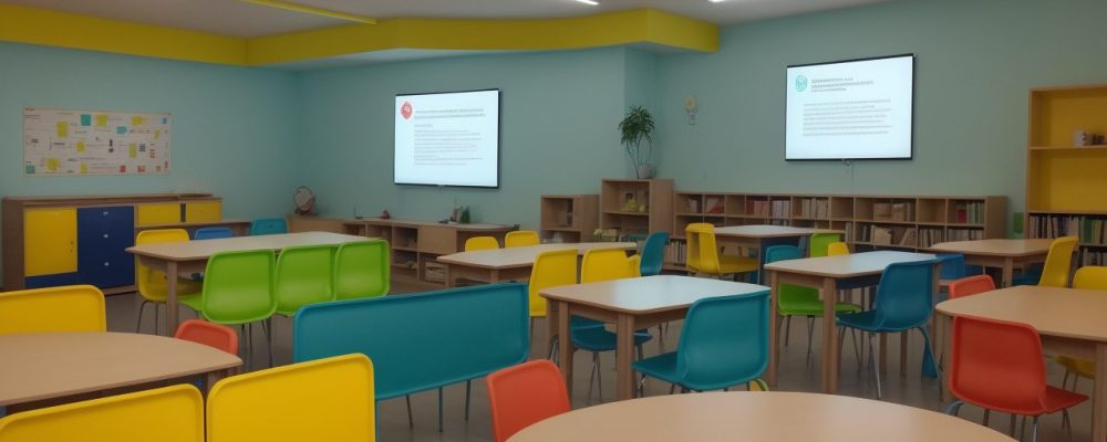 Crianças em sala de aula participando de debate sobre filosofia e ética, com livros e ambiente lúdico para aprendizado