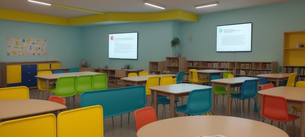 Crianças em sala de aula participando de debate sobre filosofia e ética, com livros e ambiente lúdico para aprendizado