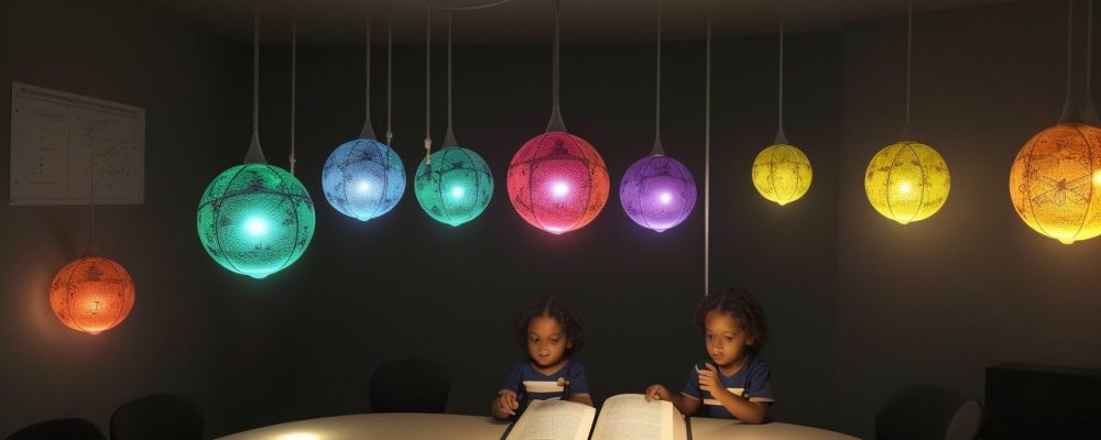 Imagem ilustrando conceitos de física clássica, como mecânica e cinemática, em uma sala de aula dinâmica e interativa.